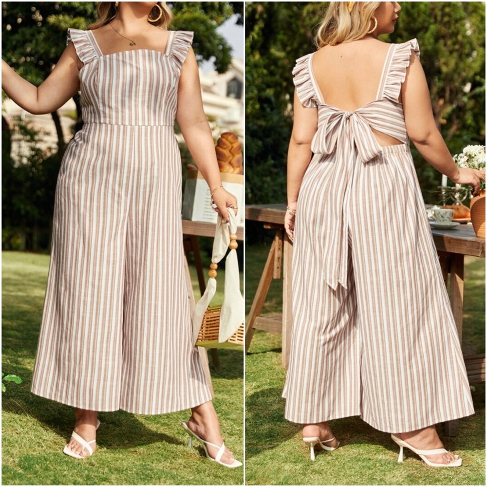 Boho Stripes Ruffle Wide leg Tie Back Jumper Jumpsuit - Picture 3 of 6